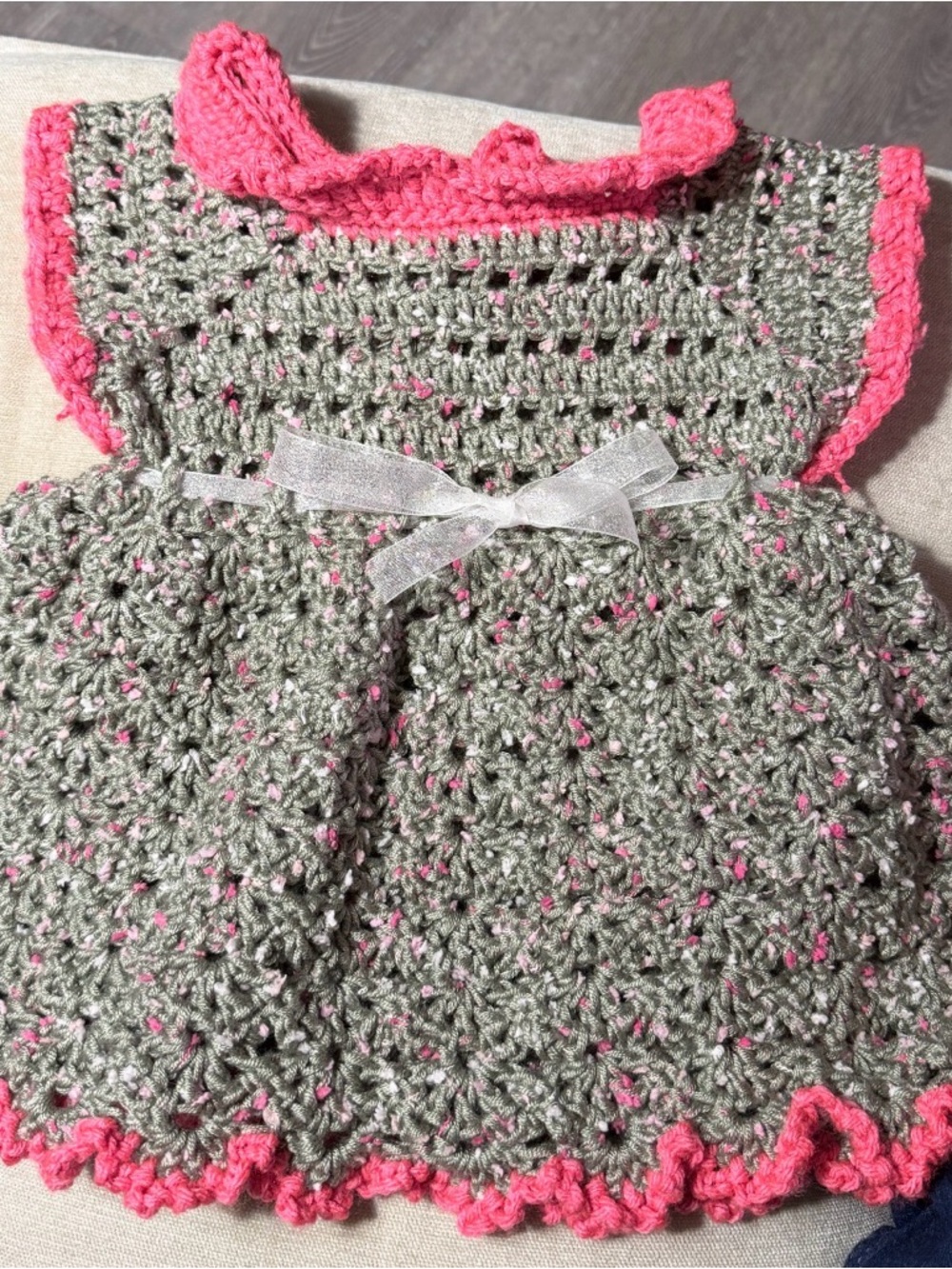 Hand-Crocheted Gray & Pink Baby Dress with Bow